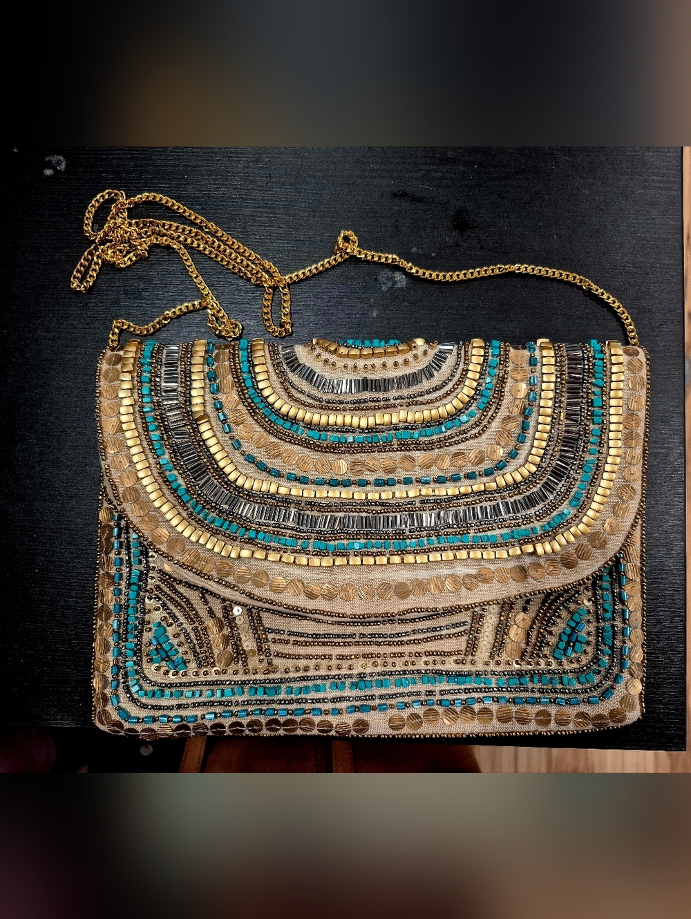 ANTIK KRAFT Turquoise And Gold Beaded Purse